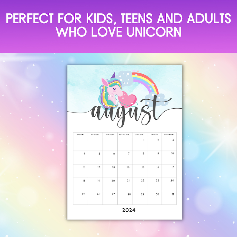 2024 Unicorn Calendar Printable Unicorn Clipart 2024 Calendar PDF 2024