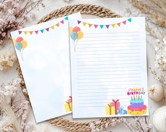 Printable Happy Birthday Stationary, Birthday Stationery Letter Writing Stationery Set Cake Balloons gifts Kids Birthday Notepad Thank You