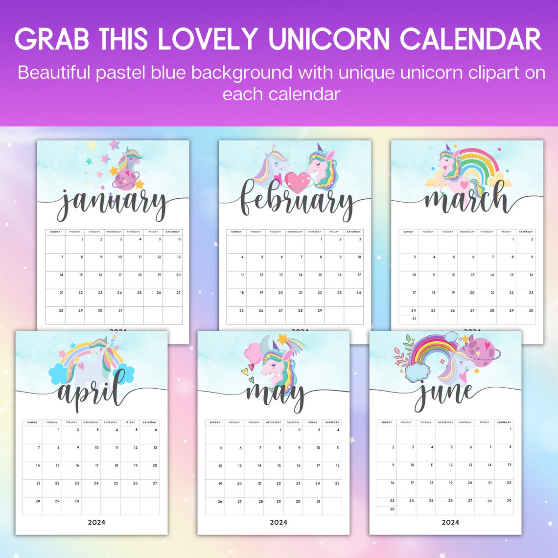 2024 Unicorn Calendar Printable Unicorn Clipart 2024 Calendar PDF 2024