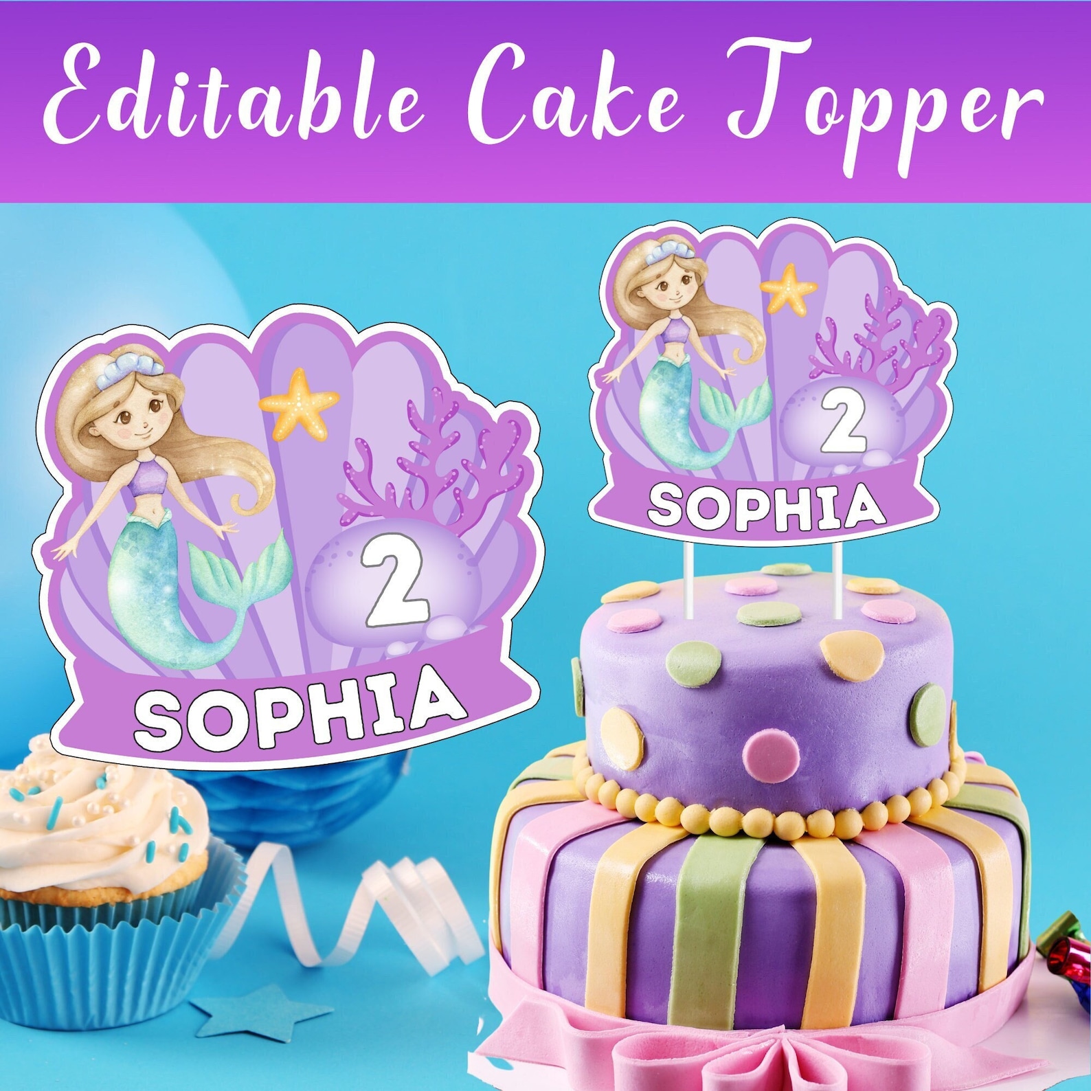 Mermaid Cake Topper Printable, Little Mermaid Cake Topper, Mermaid