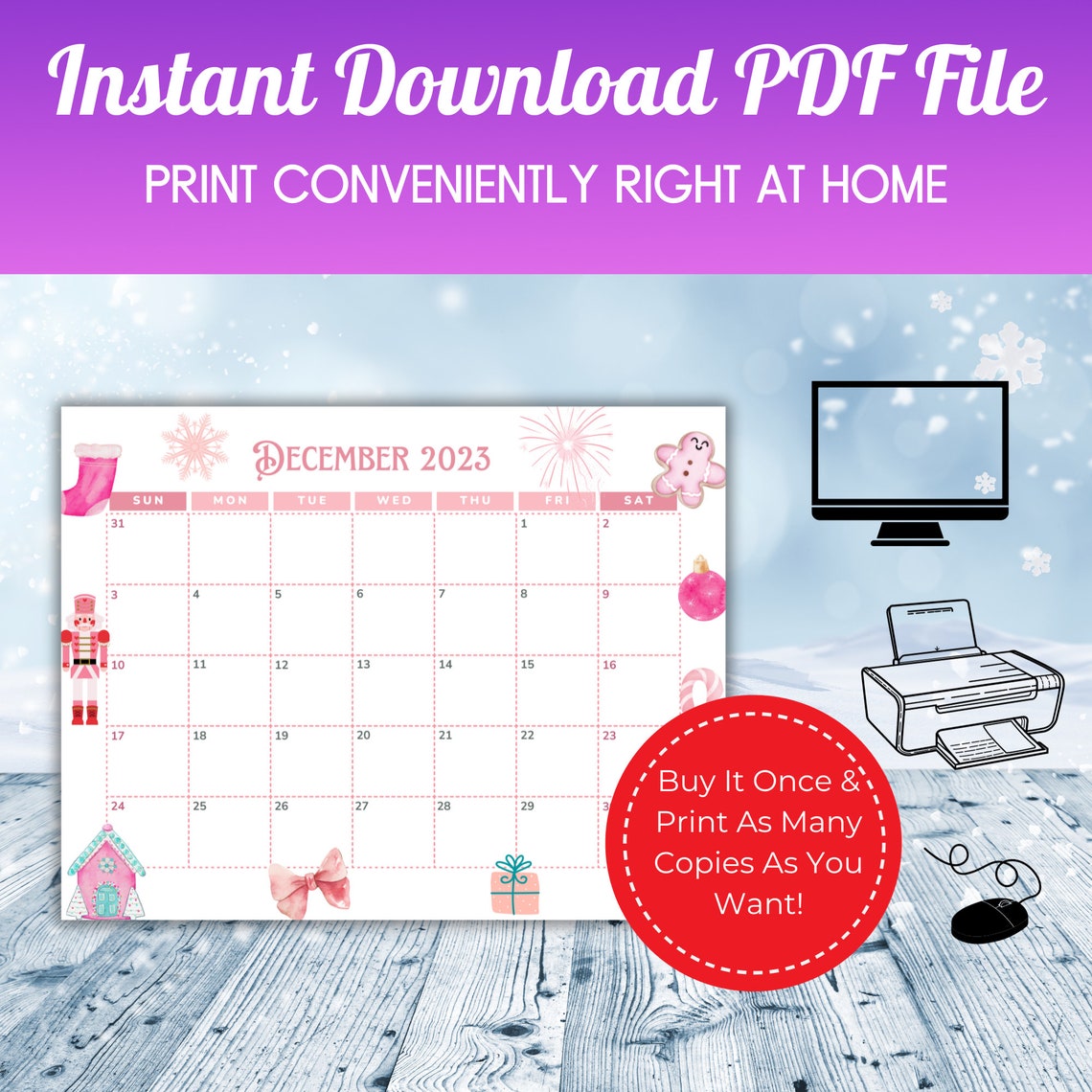 Printable December 2023 Calendar Pink Planner Advent Calendar Holiday
