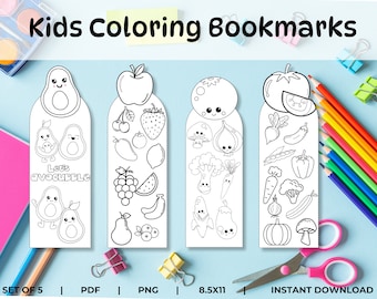 May include: Set of five black and white printable bookmarks featuring cute cartoon fruits and vegetables. The bookmarks are designed for kids to color. The text on the bookmarks reads "Let's Avo-cuddle".