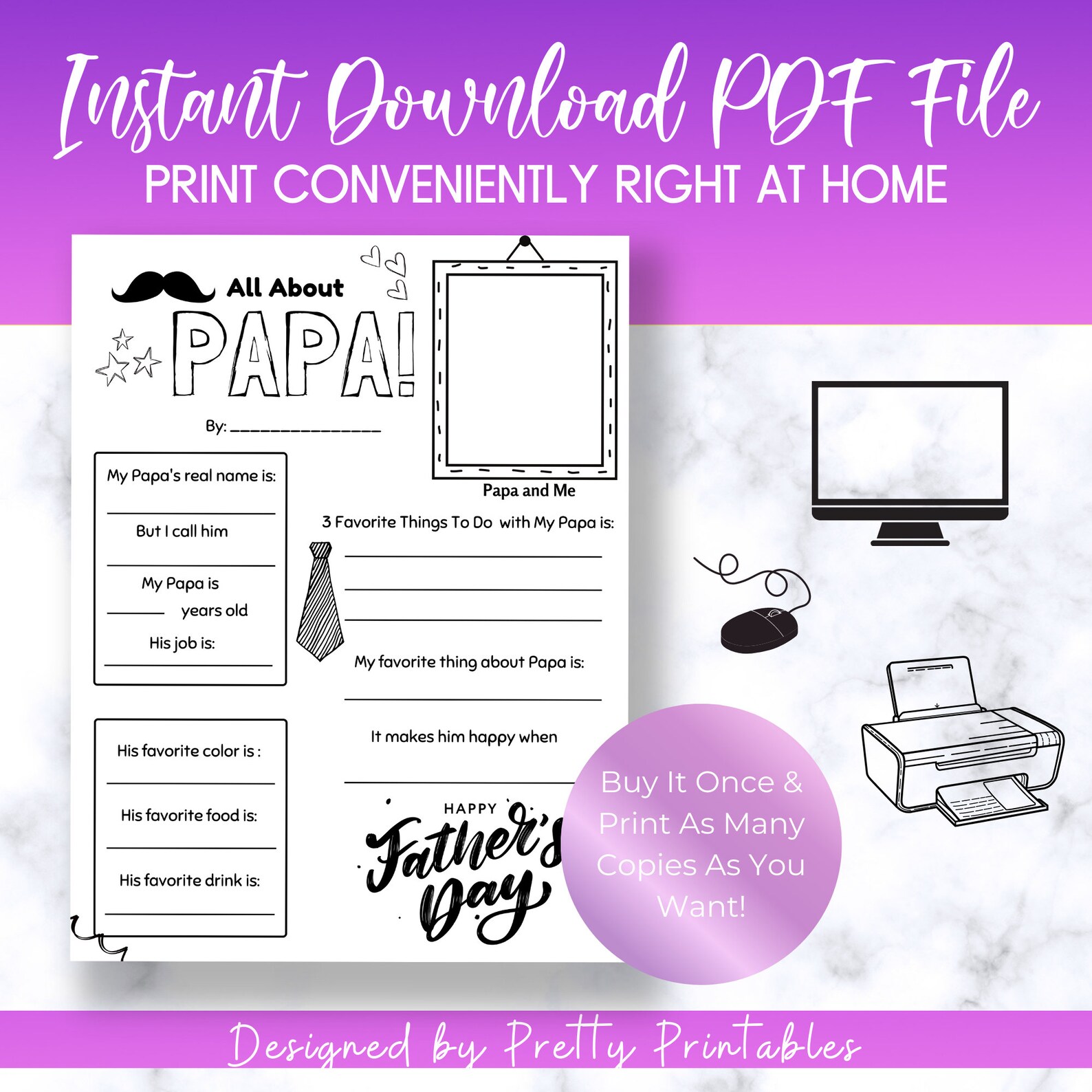 All About Papa Printable Fathers Day Gift From Kids Gift for - Etsy