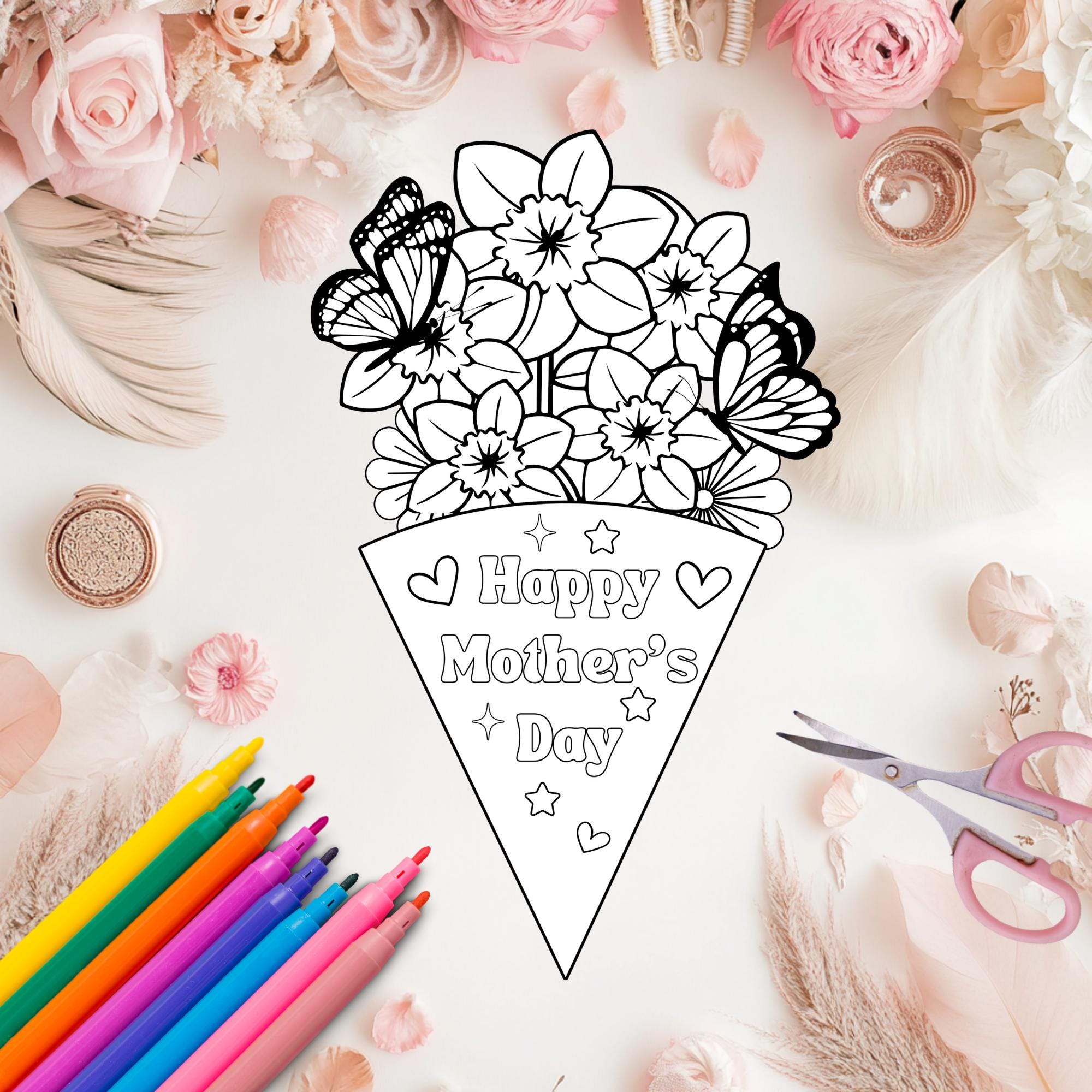 Mothers Day Printable Cut and Color Flowers Bouquet, Coloring Card Gift ...