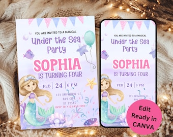 Editable Mermaid Invitation Mermaid birthday Invite Under the Sea Birthday Party Under the Sea Invitation Mermaid Template Download