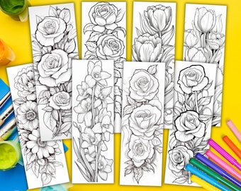 Printable Floral Coloring Bookmark Set of 8 Flower Coloring Pages for Adults Floral Coloring Book Stress Relief Coloring Pages Adult