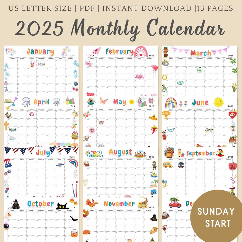 2025 Calendar Printable Kids Calendar 2025 Classroom Calendar School ...