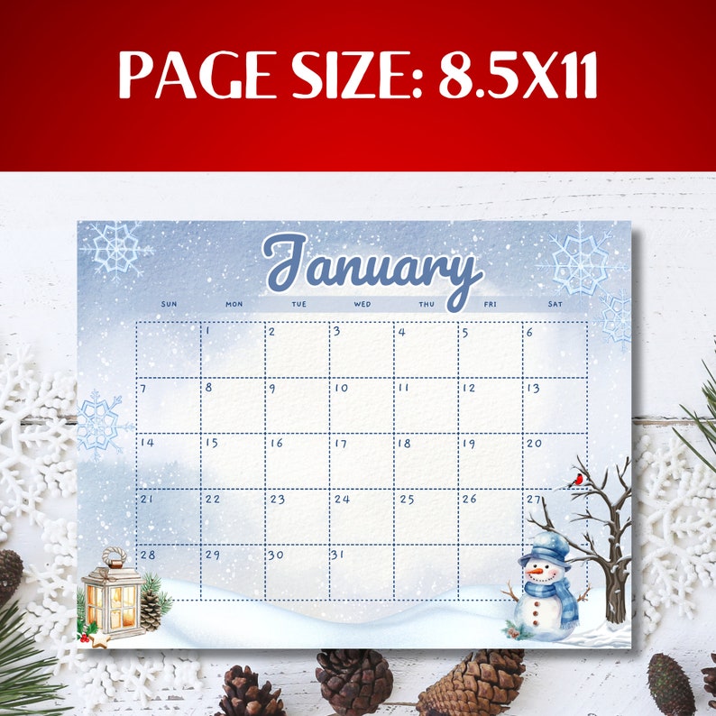 Printable January 2024 Calendar Page Blue Snow Theme Planner Etsy Australia