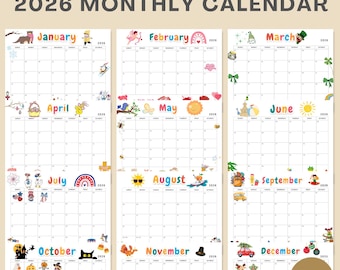 Printable 2026 Calendar, Seasonal Calendar, 2026 Planner for Kids, Monthly Calendar Kids, Home School Calendar, Kids Monthly Planner