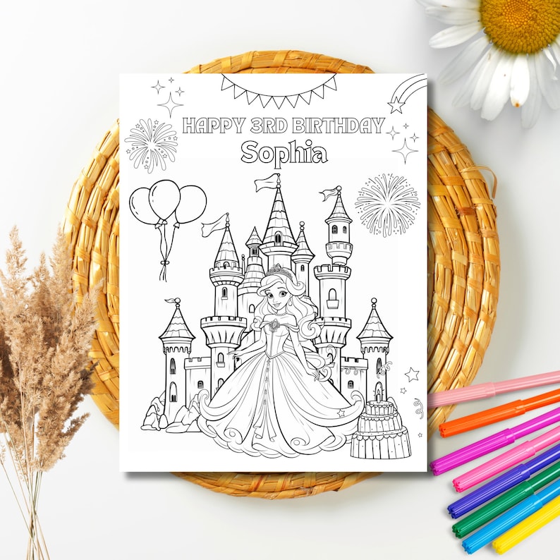 K&ouml;nnte beinhalten: Eine schwarz-wei&szlig;e druckbare Malvorlage mit einer Prinzessin in einem Schloss mit dem Text "Happy 3rd Birthday Sophia".