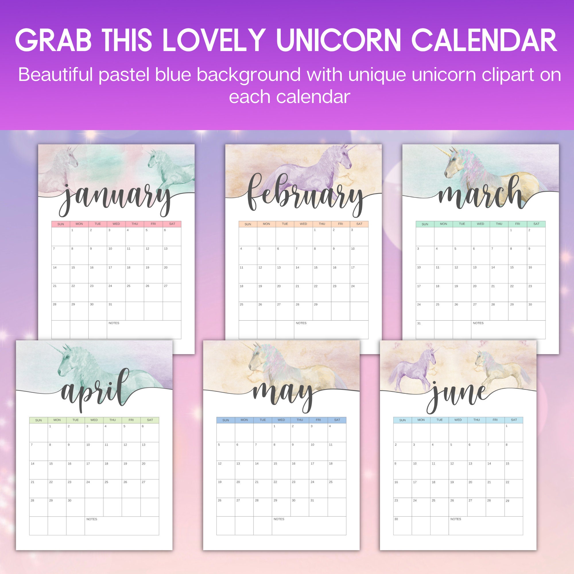 2024 Unicorn Calendar Printable Unicorn Watercolor 2024 Etsy