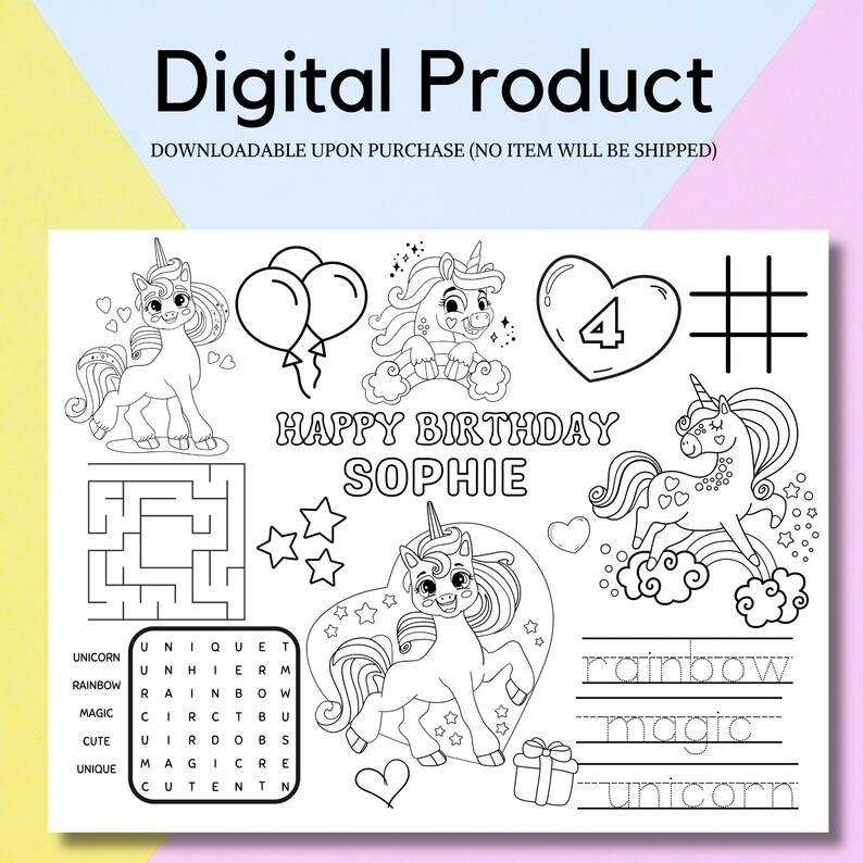 EDITABLE Unicorn Birthday Placemat Printable Personalized Birthday ...