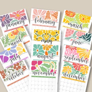 Calendario floral imprimible 2025 Calendario floral de pared 2025 Planificador mensual botánico 2025 Ilustración de flores A4 CARTA DE EE. UU.
