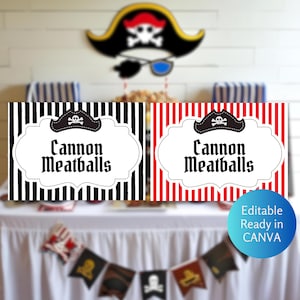 Bearbeitbares Piratenparty-Lebensmitteletikett Geburtstagslebensmittelzelt Machen Sie Ihre eigenen lustigen Namen für die Gerichte mit dem Piraten-Thema