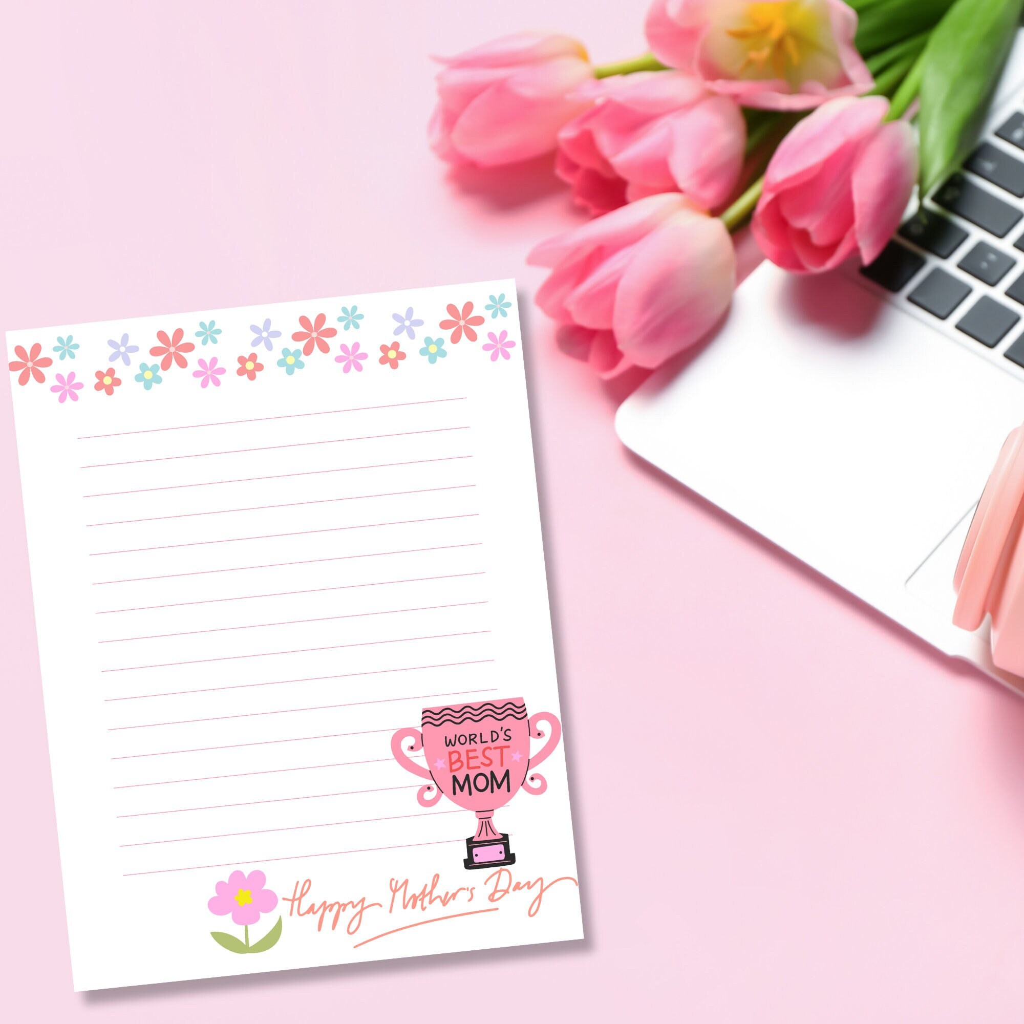 Mother's Day Stationery Printable Notepad Worlds Best Mom Winners Cup Thank You Letter ...