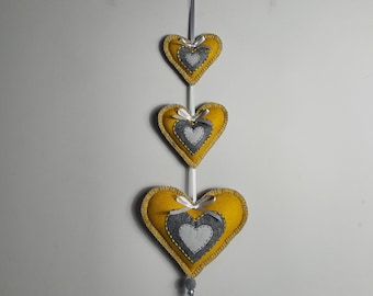 Felt Heart Garland: Ochre, Charcoal & Grey Trio - Handmade Home Decor