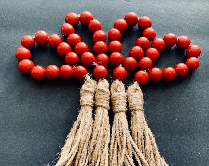 Red Beaded Napkin Rings with Jute Tassels Set of 4- Rustic Table Decor