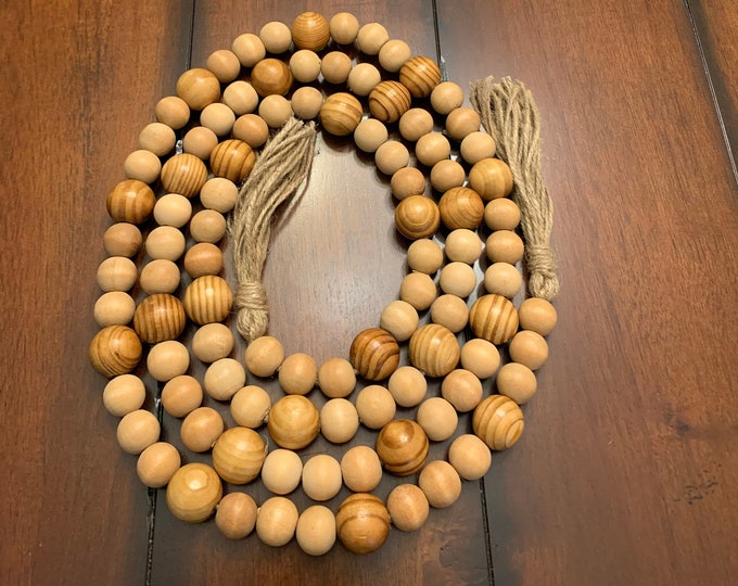 Wood Bead Garland with Tassels 84 Inch Long | Rustic Bohemian Decor | Wooden Bead & Tassel Garland