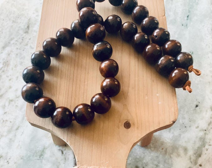 Mahogany Wood Beaded Garland with Brown Leather Loops | Handmade Home Decor