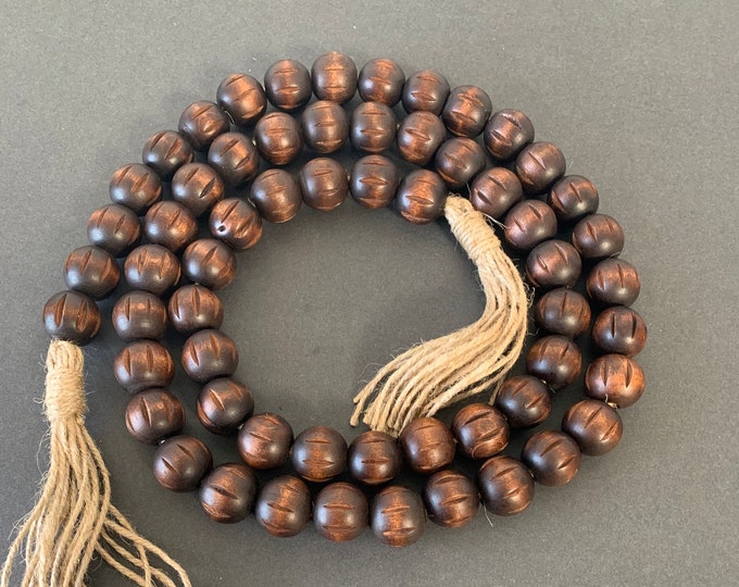 Espresso Wood Bead Garland with Intricate Carvings - Rustic Decorative Garland - Farmhouse Beads