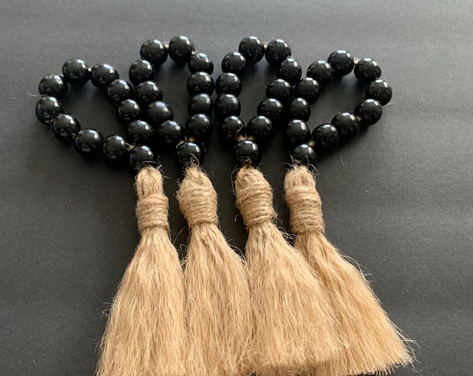 Chic Black Beaded Napkin Rings with Tassels - Set of 4
