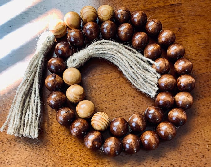 Mahogany & Golden Oak Wood Beaded Garland with Jute Tassels for Home Decor