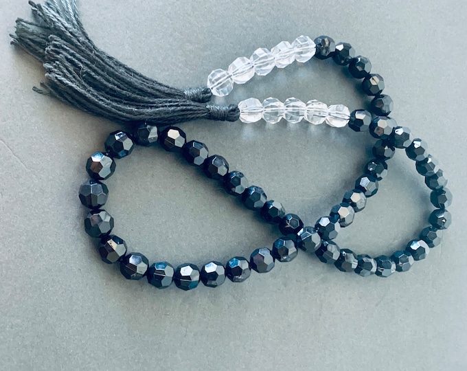 Elegant Crystal Bead Garland | Faceted Black and Clear Gemstones with Jute Tassels