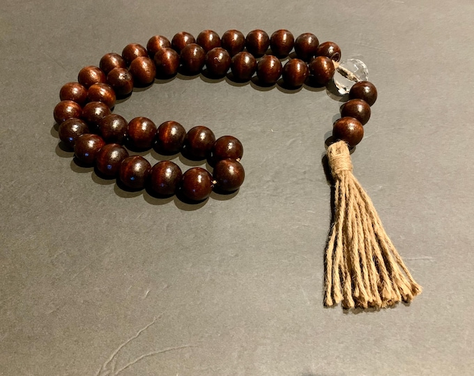 Rustic Mahogany and Gem Beaded Loop with Jute Tassel - Eco-Friendly Home Decor | Wood Accent Statement Piece