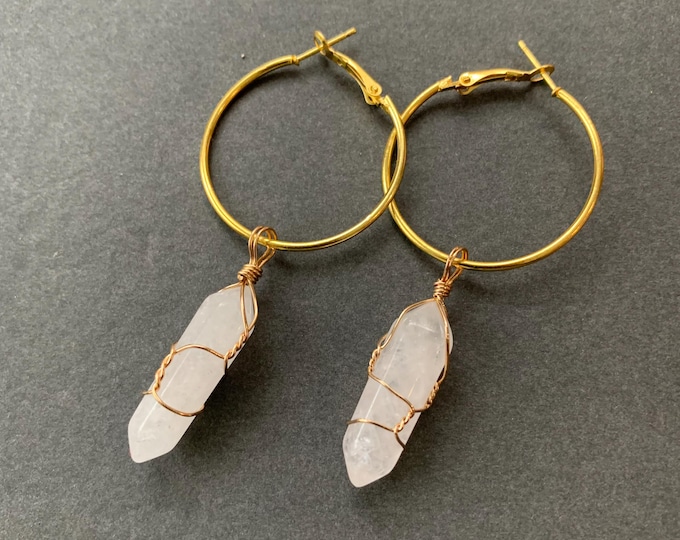 White Quartz Hoop Earrings | Gold Wire Wrap Statement Earrings | Gemstone Jewelry