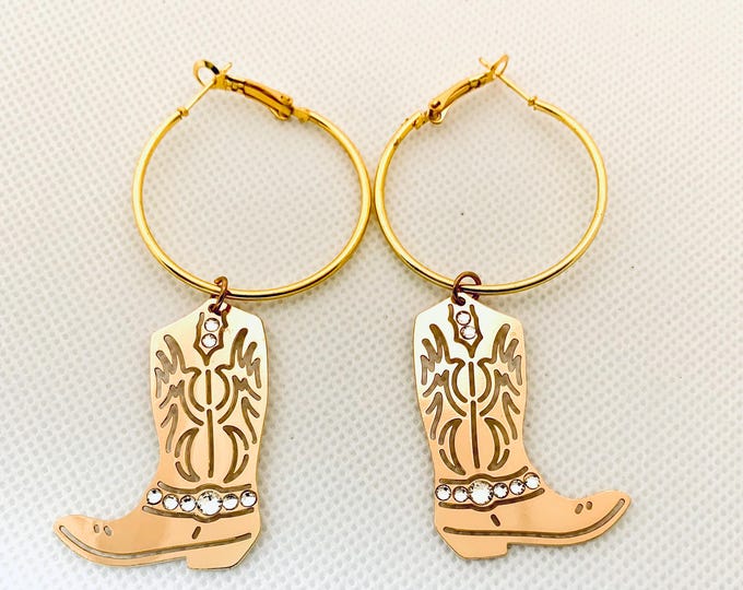 Cowboy Boot Hoop Dangle Earrings - Rodeo Cowgirl Accessories - Gold Western Style Jewelry