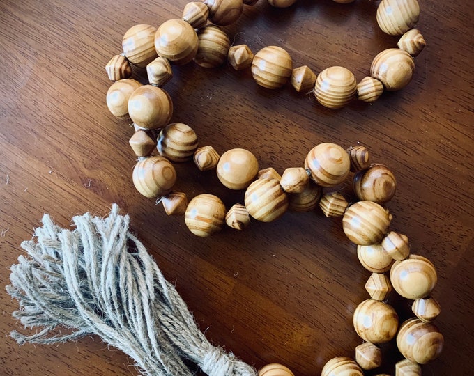 Rustic Natural Wood Bead Garland with Tassels | Decorative Wood Bead Design