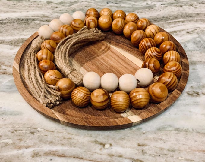 Golden Oak & Natural Wood Beaded Garland with Earthy Jute Tassels | Handcrafted Accent Piece