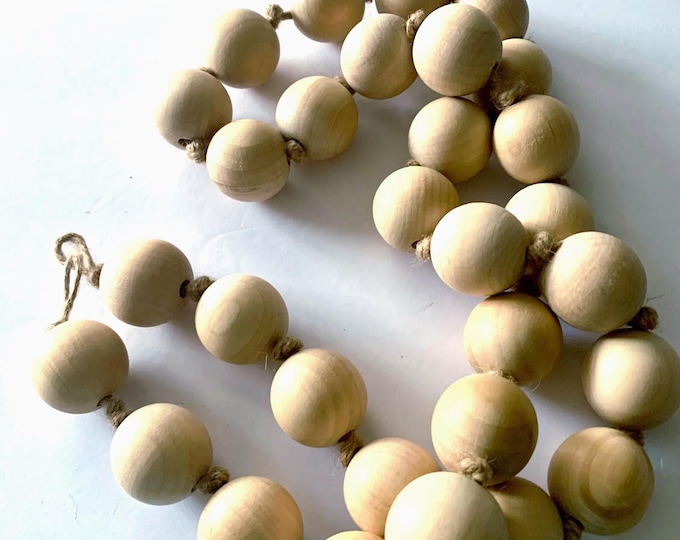 Natural Wood Beaded Garland with Jute Knots | Large Rustic Farmhouse Decor | Neutral Boho Styling
