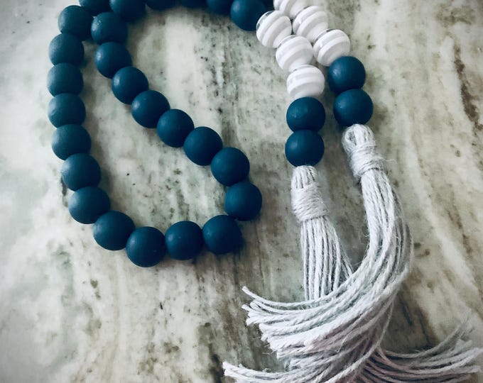 Navy, White & Transparent Beaded Garland with Light Gray Tassels