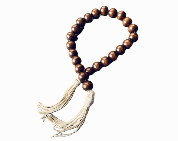 Decorative Mahogany Wood Beaded Garland with Ivory Leather Tassels | Artisan Accent Piece