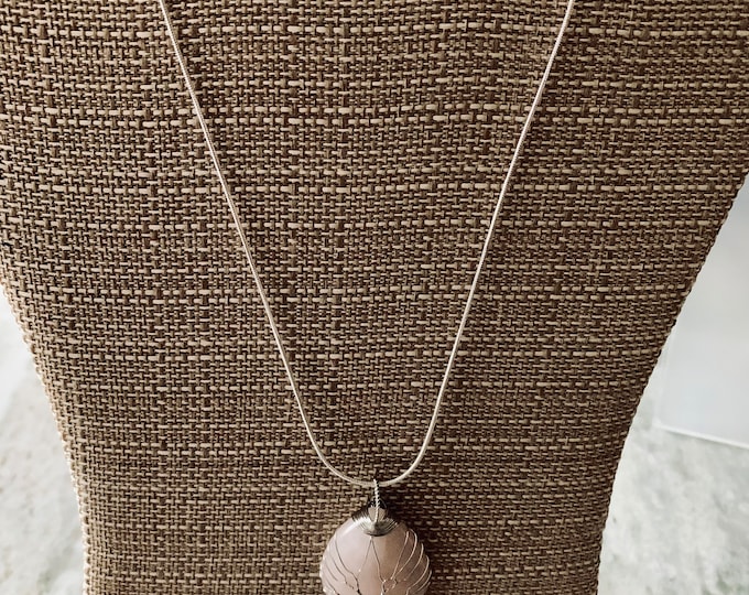 Rose Quartz Wire Wrap Necklace |  Heart Chakra Crystal Charm | 18" Silver Chain