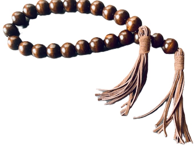 Mahogany Wood Beaded Garland with Chocolate Leather Tassels | Decorative Garland