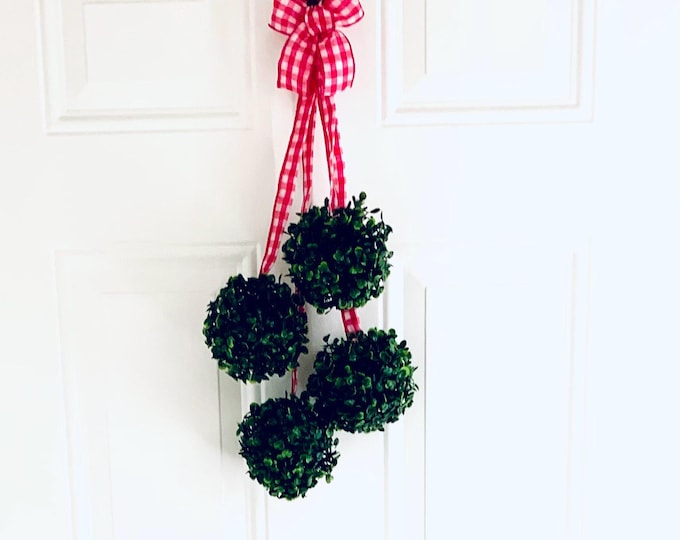 Greenery Spheres Door Hanger with Pink & White Gingham Ribbon Accent | Topiary Wreath Balls