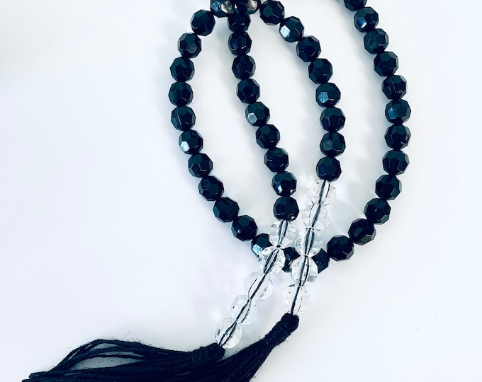 Elegant Crystal Bead Garland | Faceted Black and Clear Gemstones with Jute Tassels