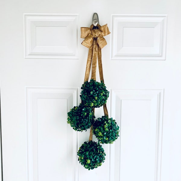 Chic Topiary Boxwood Door Swag with Luxe Gold Metallic Ribbon - Handcrafted Greenery