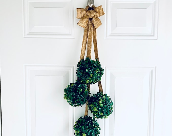 Chic Topiary Boxwood Door Swag with Luxe Gold Metallic Ribbon - Handcrafted Greenery