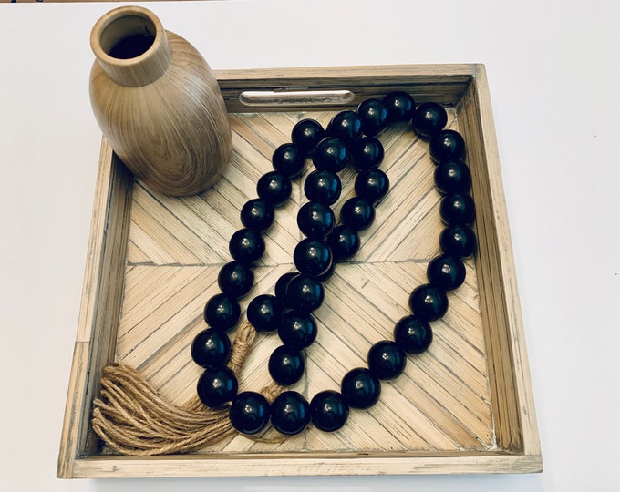 Statement Piece Extra Large Black Bead Wood Garland | Trendy Wood Beaded Decor | Elegant Tassel Accents