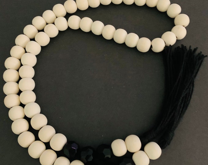 Handcrafted Wood Bead Garland with Black Faceted Beads and Jute Tassels