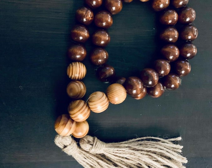 Mahogany & Golden Oak Wood Beaded Garland with Jute Tassels for Home Decor