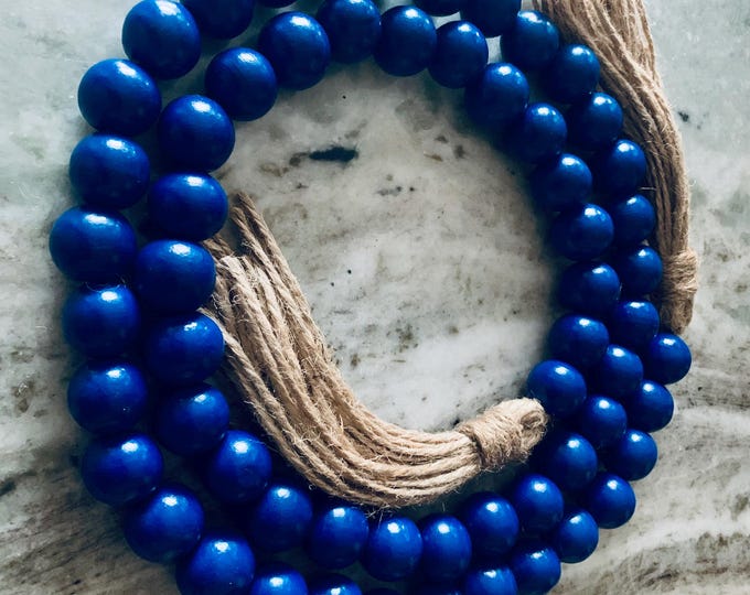 Blue Beaded Garland with Jute Tassels - Boho Home Decor