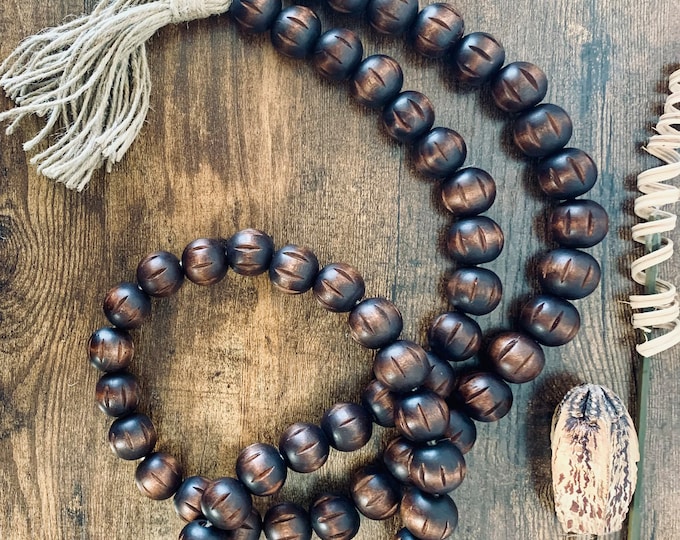 Espresso Wood Bead Garland with Intricate Carvings - Rustic Decorative Garland - Farmhouse Beads