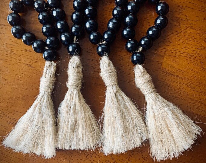 Chic Black Beaded Napkin Rings with Tassels - Set of 4