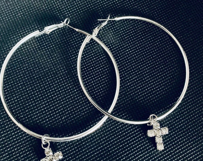 Silver Hoop Earrings with Rhinestone Cross | Faith Jewelry