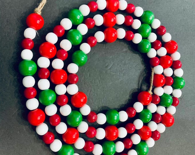 Christmas Garland: Red, White & Green Wooden Beads - 6 ft Holiday Decor