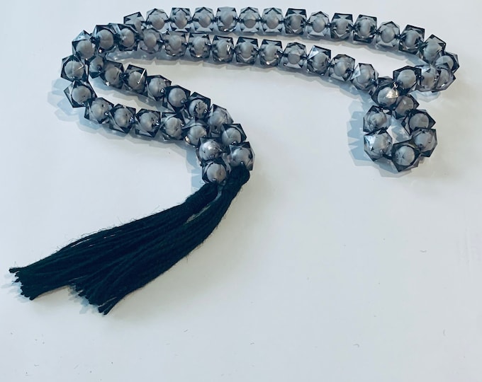 Gray Gemstone Faceted Cube Bead Garland with Black Jute Tassels